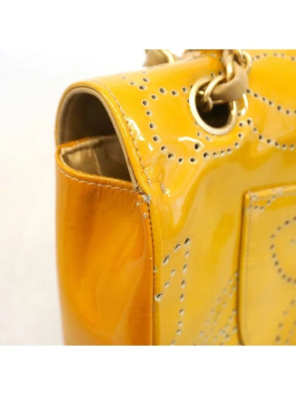 Chanel Shoulder Bag Perforated Patent Leather Yellow Gold
